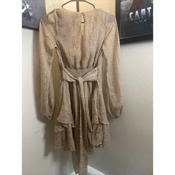 Japna Metalic Gold Long Sleeve Boho Dress Womens Small Tiered Flowy Evening - Picture 8 of 11